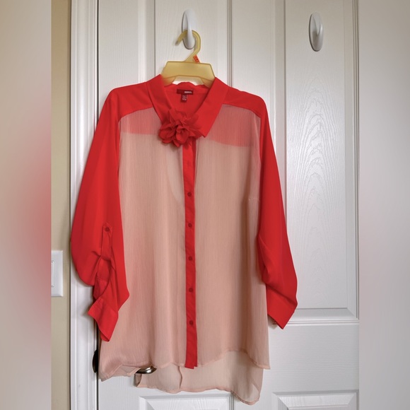 Two-tone, orange & beige, sheer tunic, long sleeve top & matching floral pin. 1X - Picture 2 of 12